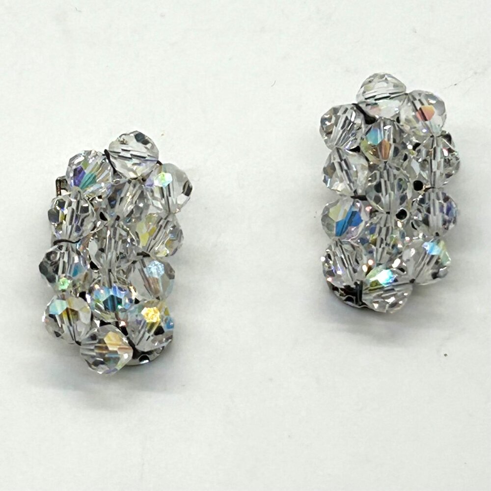 Vintage Aurora Borealis Beaded Clip-On Ear Climbers Elegant Bridal Prom Retro - Picture 2 of 9